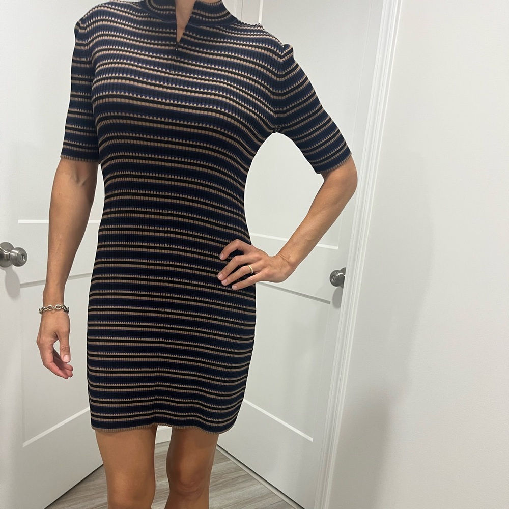 Theory Striped Black and Tan Knit Dress with zipper